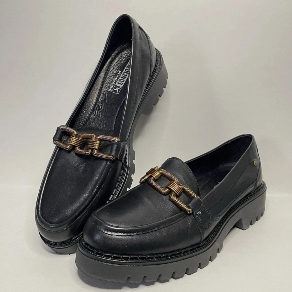 Pikolinos Aviles Women’s Black Leather Loafers Shoes Chain Accent EU 40 US 9.5